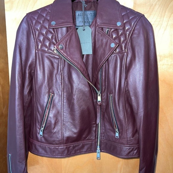 All Saints Caden Leather Biker Jacket - Winter Orchid Red